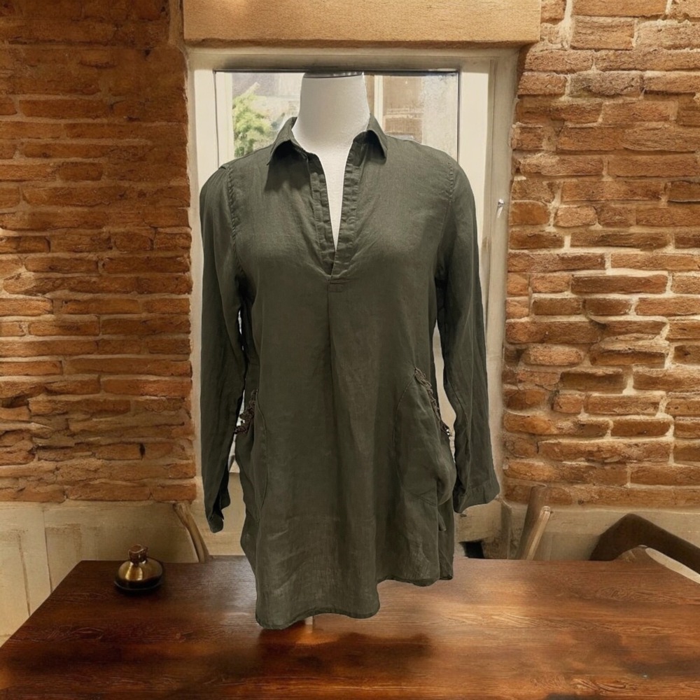 Olive Green Long-Sleeve Tunic Boho Pocket Trim V-Neck Lightweight Comfy‎ Sz S